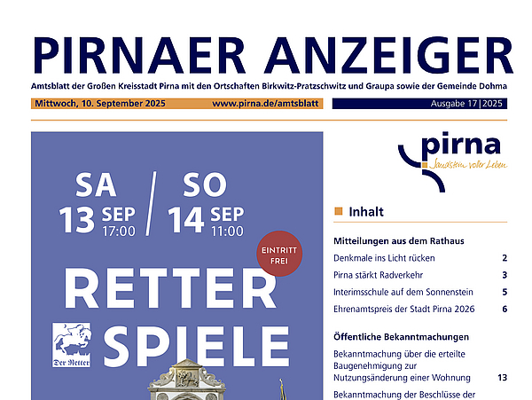 Titelblatt des Pirnaer Anzeiger 17/25 vom 10. September 2025