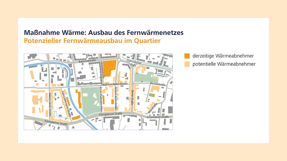 Kartenausschnitt mit bestehendem und potentiellem Fernwärmenetz im Quartier