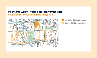 Kartenausschnitt mit bestehendem und potentiellem Fernwärmenetz im Quartier