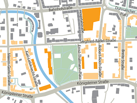 Kartenausschnitt mit bestehendem und potentiellem Fernwärmenetz im Quartier