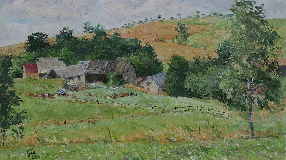 Ölgemälde von Jochen Fiedler mit der Darstellung eines Bauernhofs in Ehrenberg