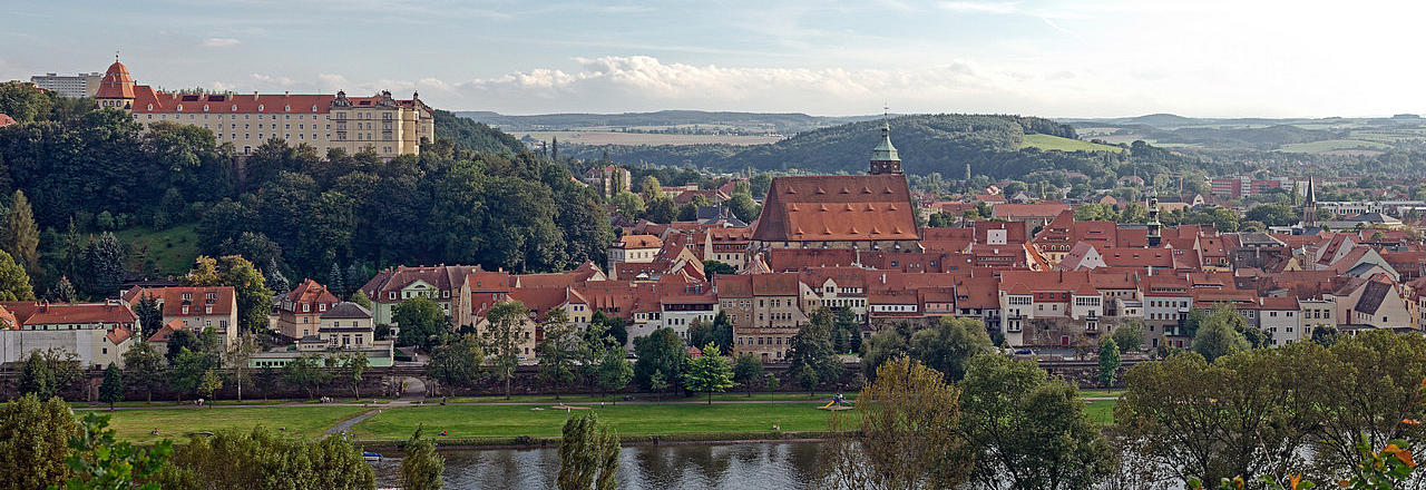 Blick über die Elbe auf Schloss Sonnenstein und die Altstadt von Pirna