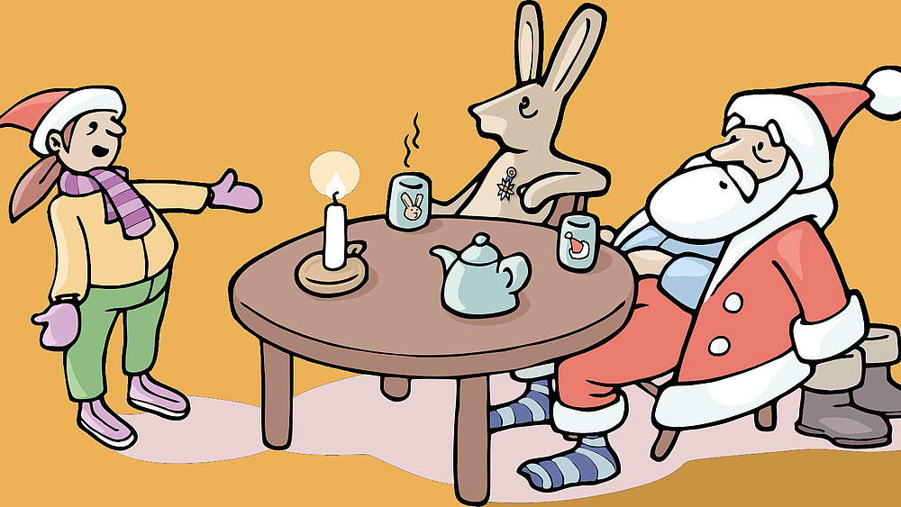 Mia ertappt den Weihnachtsmann, der sich mit dem Osterhasen verquatscht hat 