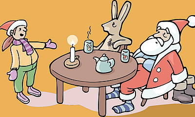 Mia ertappt den Weihnachtsmann, der sich mit dem Osterhasen verquatscht hat 