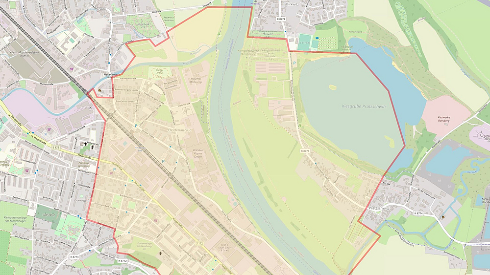 Kartenausschnitt des Evakuierungsgebietes Karte des Evakuierungsgebiets in Pratzschwitz und Heidenau