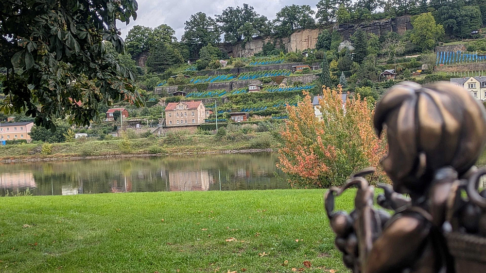 Pine zeigt mit dem Finger in Richtung der Weinberge