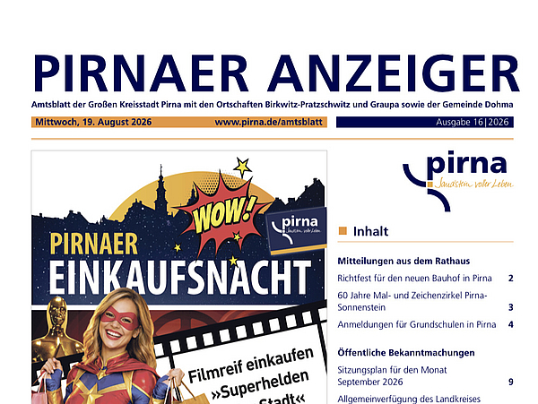 Titelseite des pirnaer Anzeigers Ausgabe 16/2026