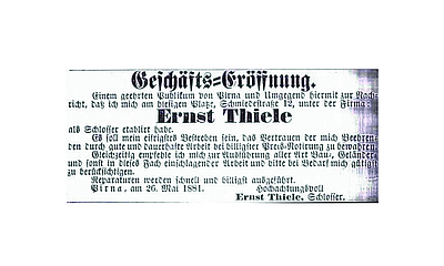 Zeitungsartikel zur Geschäftseröffnung der Schlosserei Thiele aus dem Jahr 1881