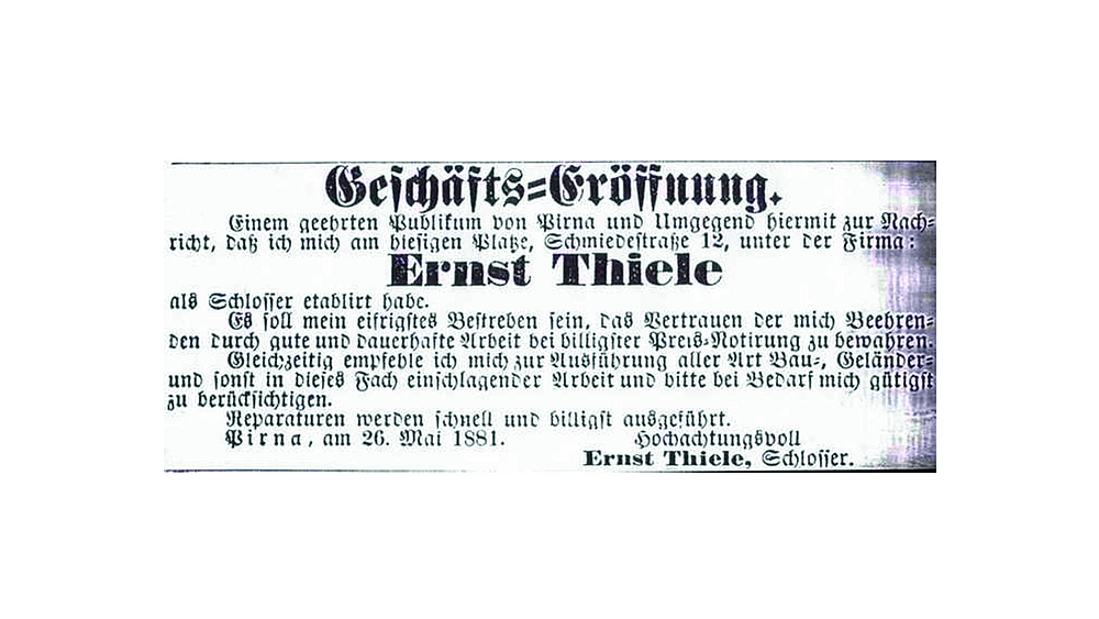 Zeitungsartikel zur Geschäftseröffnung der Schlosserei Thiele aus dem Jahr 1881