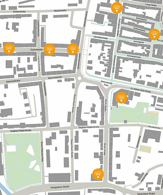Übersicht Karte mit WLAN-Hotspots in Pirna
