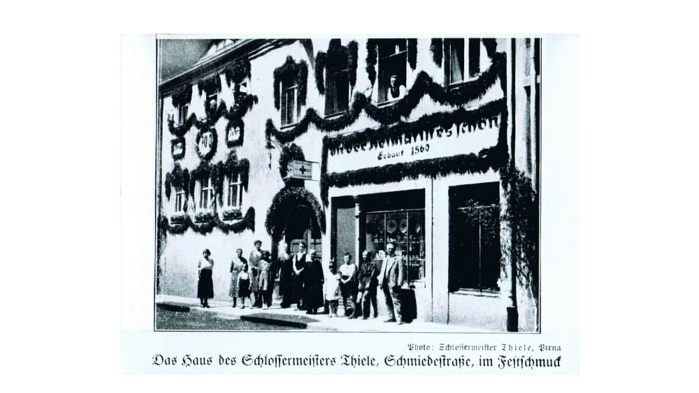 Geschäft der Schlosserei Thiele zur 700-Jahr-Feier von Pirna in der Schmiedestraße 41