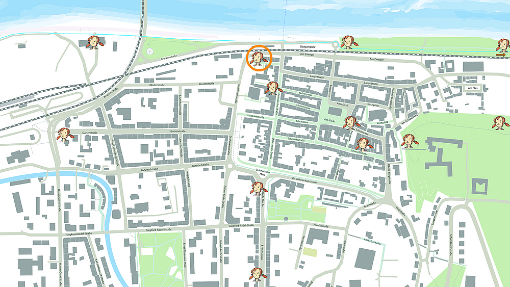 Übersichtskarte der Pirnaer Knirpse mit Museums-Pine Karte von Pirna, in der die Pirnaer Knirpse eingezeichnet sind