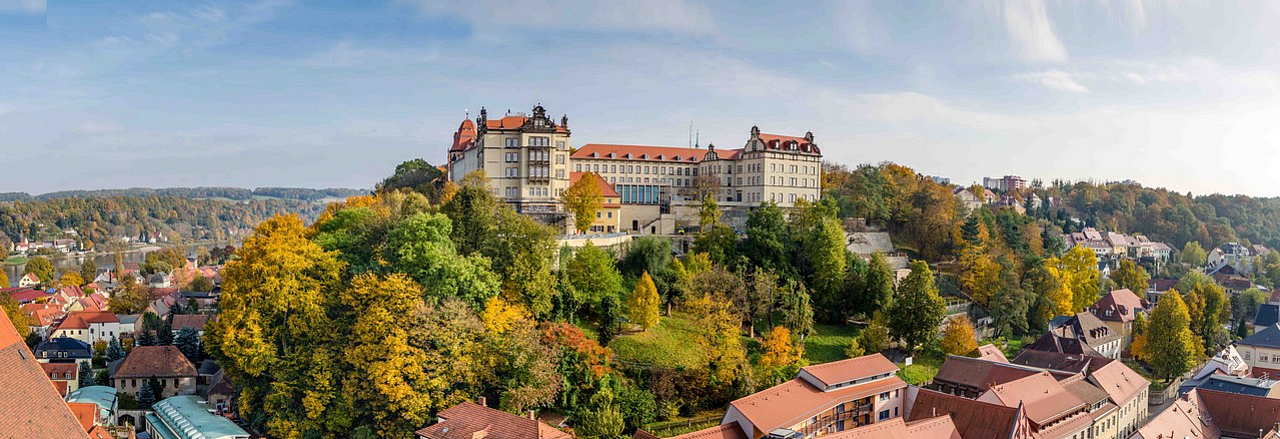 Blick auf Schloss Sonnenstein und Dächer der Stadt im Herbst