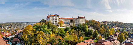 Blick auf Schloss Sonnenstein und Dächer der Stadt im Herbst