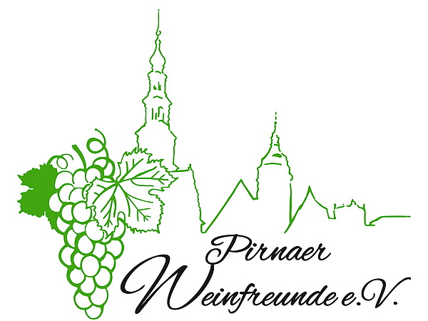Logo der Pirnaer Weinfreunde Das Logo zeigt eine grüne Silhouette von Pirna mit Weintraube