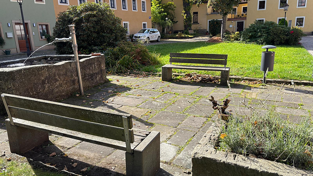 Pirnaer Knirps am Plan mit Brunnen im Hintergrund