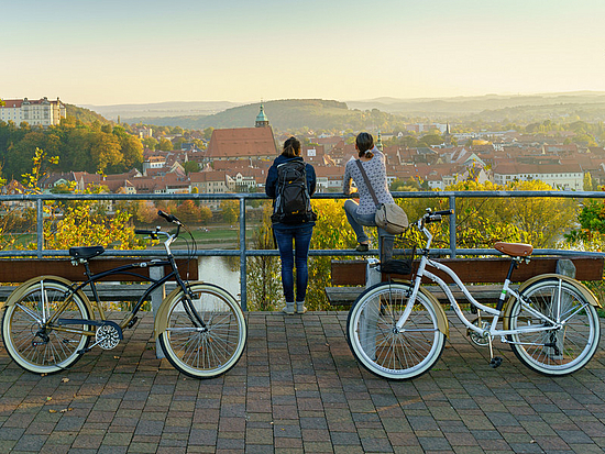 Blick auf Pirnas Altstadt und Schloss Sonnenstein Radfahren in und um Pirna