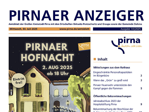 Deckblatt vom Pirnaer Anzeiger 14/25 mit dem Plakat der Hofnacht am 2.8.