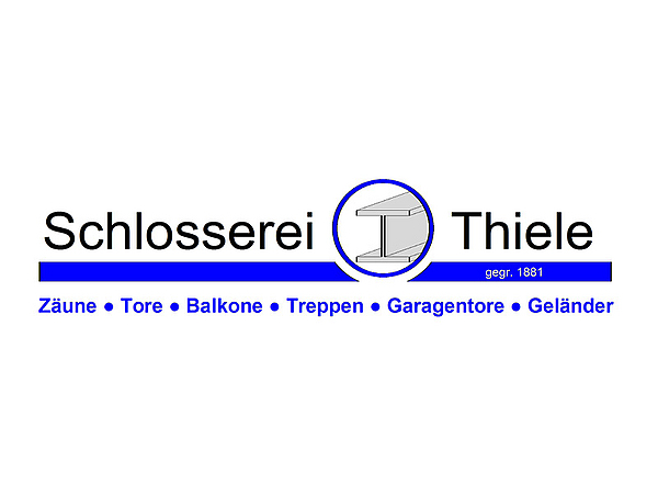 Schriftzug Schlosserei Thiele mit blauem Balken und T-Träger