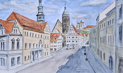 Pirnaer Marktplatz gezeichnet von Dieter Hartmann