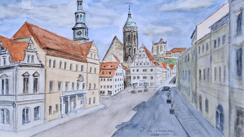 Pirnaer Marktplatz gezeichnet von Dieter Hartmann