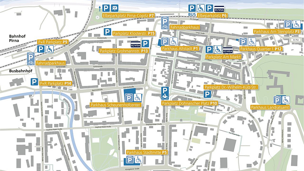 Parkplätze in Pirna Karte mit den Parkmöglichkeiten in Pirna