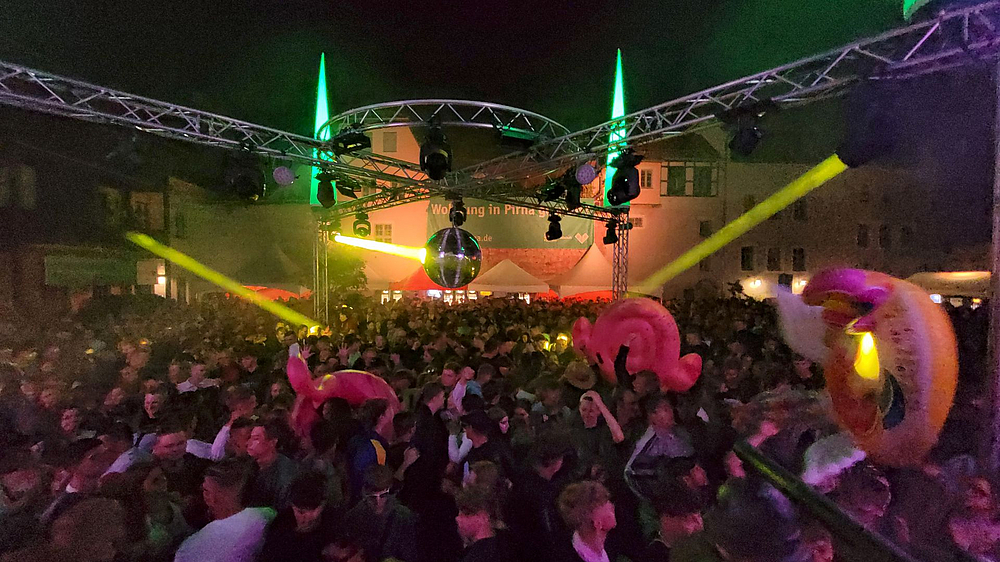 WGP-Lounge zum Stadtfest mit Flamingos Publikum der WGP-Lounge mit gelben Laser und Flamingos