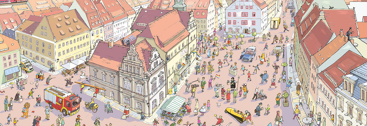 Der Marktplatz von Pirna als Wimmelbild gezeichnet