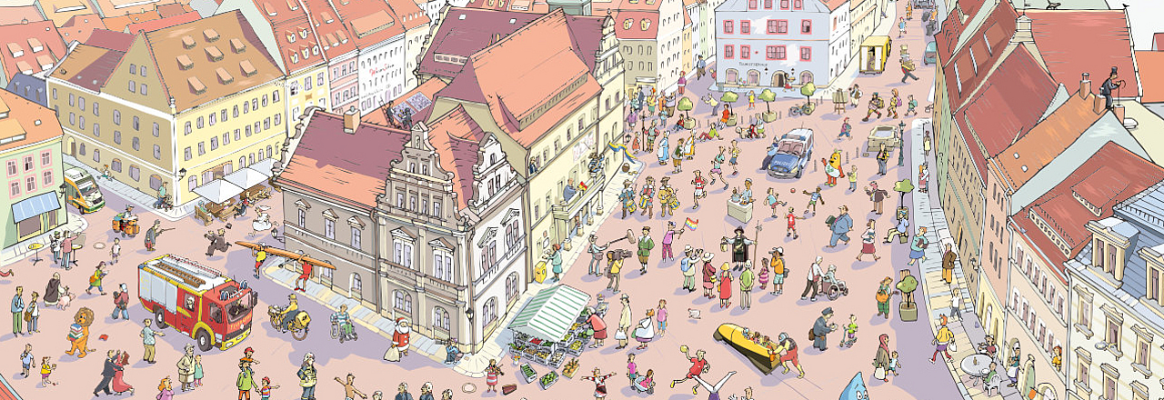 Der Marktplatz von Pirna als Wimmelbild gezeichnet