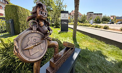 Pirnaer Knirps für Versicherungen mit Logo im Hintergrund