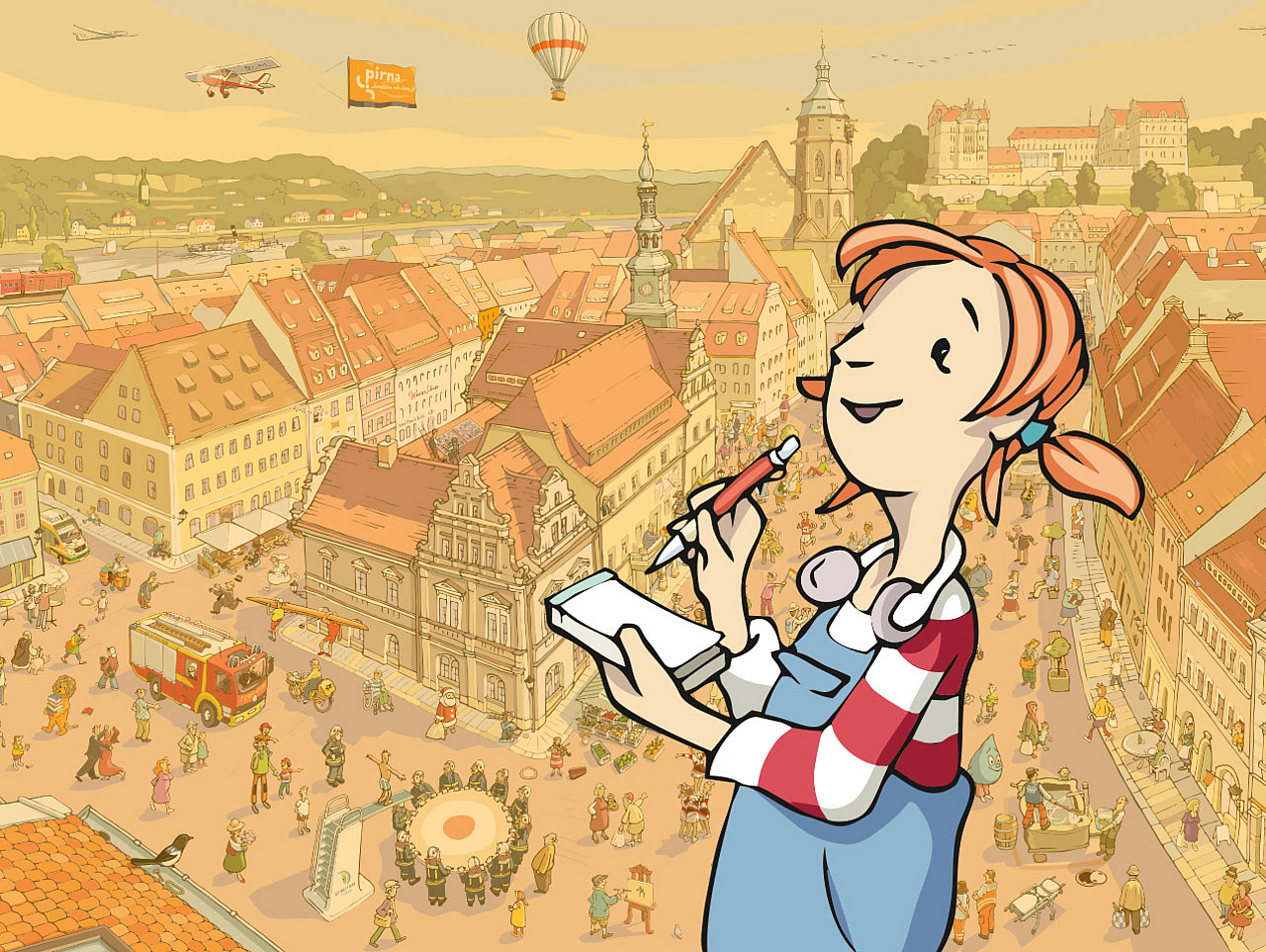 Pirnas Markplatz als Wimmelbild mit Kinderbloggerin Pine im Vordergrund