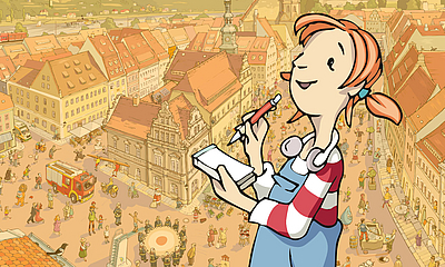 Pirnas Markplatz als Wimmelbild mit Kinderbloggerin Pine im Vordergrund