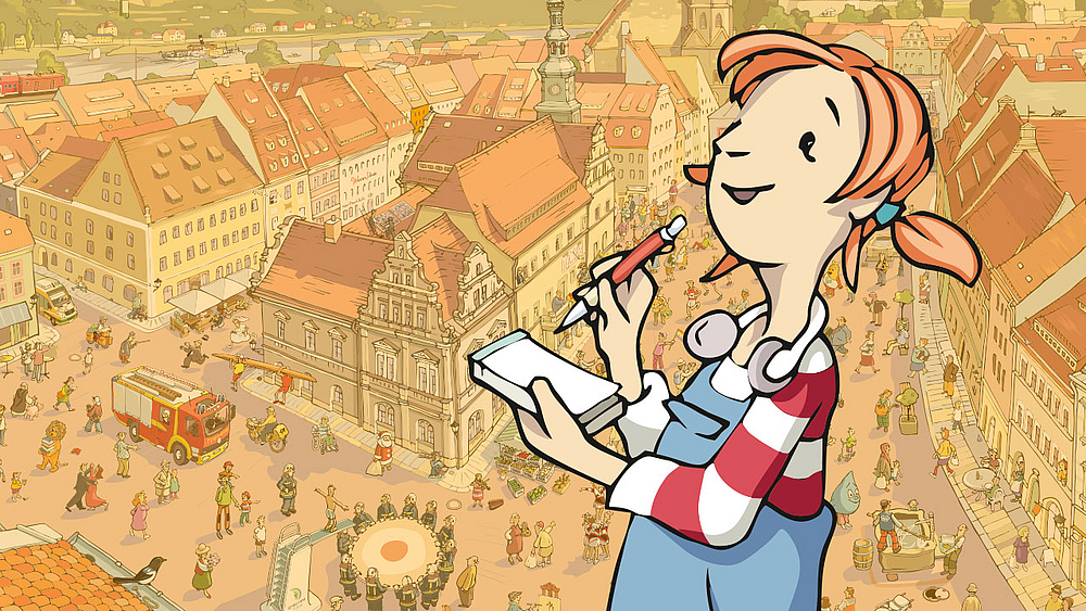Pirnas Markplatz als Wimmelbild mit Kinderbloggerin Pine im Vordergrund
