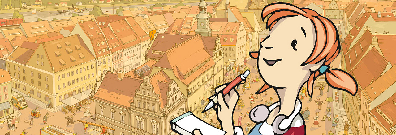 Pirnas Markplatz als Wimmelbild mit Kinderbloggerin Pine im Vordergrund