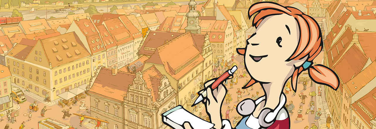 Pirnas Markplatz als Wimmelbild mit Kinderbloggerin Pine im Vordergrund