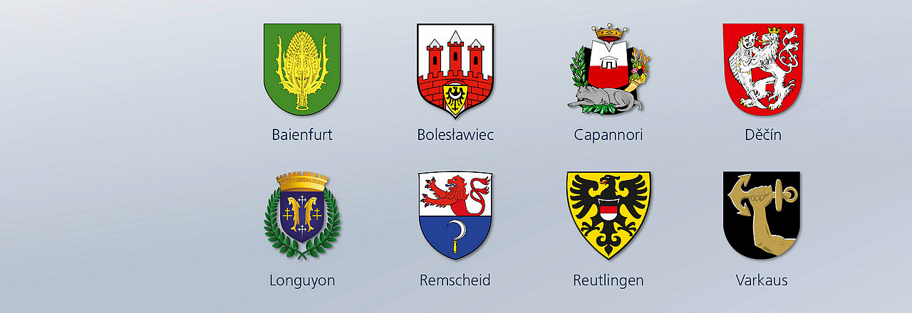Die Wappen von Pirnas Partnerstädten im Inland und Ausland