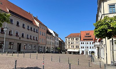 Marktplatz Pirna – Obermarkt Blickrichtung Ecke Schuhgasse