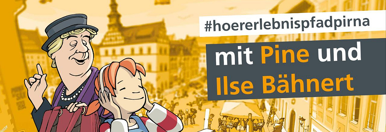 Plakatmotiv des Hörerlebnispfades mit Pine und Ilse Bähnert