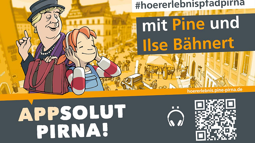 Plakatmotiv des Hörerlebnispfades mit Pine und Ilse Bähnert