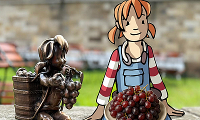 Pin sitzt beben ihrer Wein-Bronzefigur