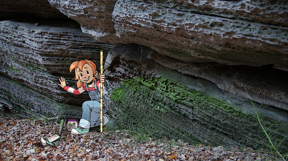 Kinderbloggerin Pine hat sich zwischen den Felswänden versteckt