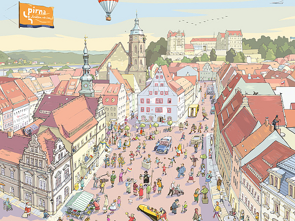 Der Marktplatz von Pirna als Wimmelbild gezeichnet