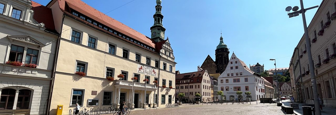 Marktplatz Pirna – Obermarkt Canalettoblick Weitwinkel