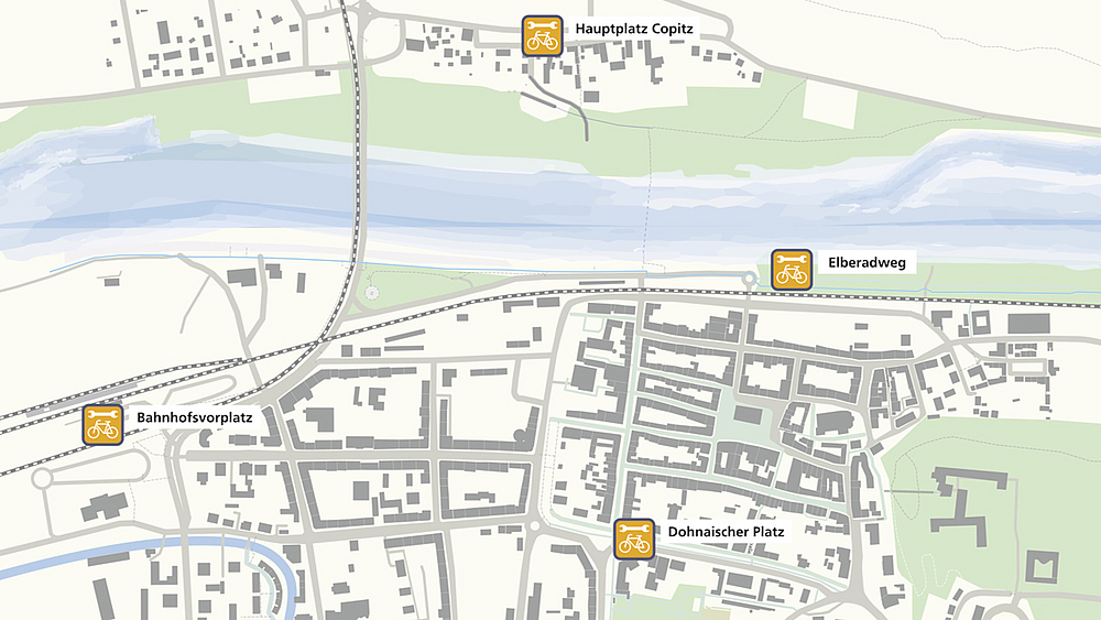 Karte Fahrrad-Reparaturstationen Kartenausschnitt mit den Fahrradservice-Stationen im Pirnaer Stadtgebiet