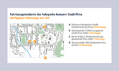 Fahrzeugstandorte Konzern Stadt Pirna Kartendarstellung mit Anzahl der Fahrzeuge pro Standort