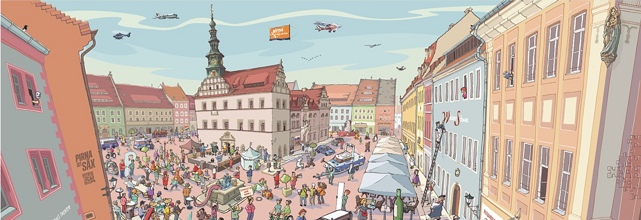 Das neue versteckte Wimmelbild erzählt die Geschichte auf Pirnas Marktplatzzuende. 