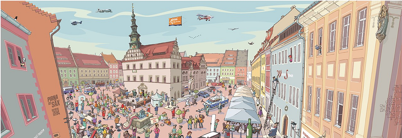 Das neue versteckte Wimmelbild erzählt die Geschichte auf Pirnas Marktplatzzuende. 