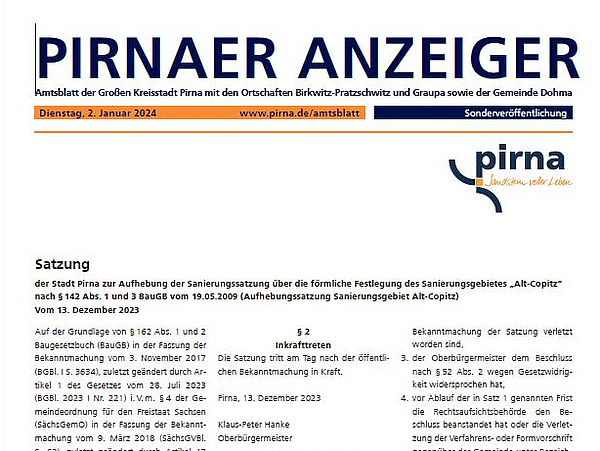 Titelblatt Anzeiger Pirna 00/2024