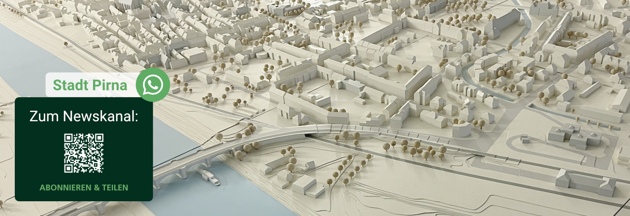 Banner für den Pirnaer Whatsapp-Kanal mit Stadtmodell im Hintergrund